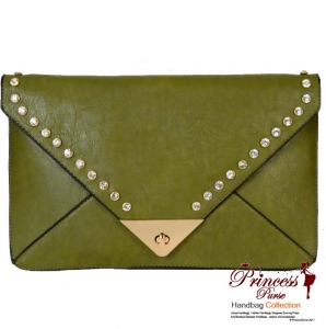 Designer Inspired Leatherette Clutch w/ Rhinestone Pattern and Twist Lock Closure.